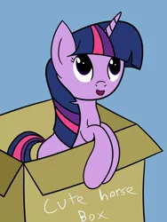 Size: 1668x2224 | Tagged: safe, artist:joey, derpibooru import, twilight sparkle, pony, unicorn, blank flank, blue background, box, cardboard box, cute, female, filly, leaning, looking up, simple background, solo, twiabetes, younger