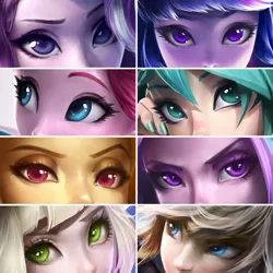 Size: 1173x1173 | Tagged: safe, artist:imdrunkontea, derpibooru import, adagio dazzle, aria blaze, pinkie pie, starlight glimmer, twilight sparkle, equestria girls, eye, eyelashes, eyememe, eyes, eyeshadow, female, glare, hatsune miku, lidded eyes, lillie, link, looking at you, makeup, male, pokémon, raised eyebrow, sideways glance, the legend of zelda