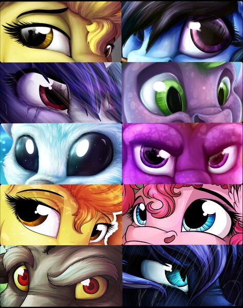 Size: 3000x3800 | Tagged: safe, artist:lupiarts, derpibooru import, discord, pinkie pie, princess luna, spike, spitfire, vinyl scratch, oc, alicorn, draconequus, dragon, earth pony, pegasus, pony, unicorn, crying, eyememe, female, glare, lidded eyes, looking at you, male, mare, nightmare luna, nose wrinkle, ori, ori and the blind forest, rain, raised eyebrow, sideways glance, spyro the dragon, wet