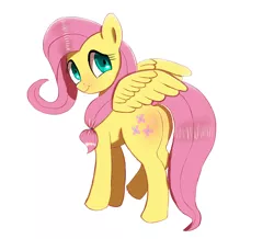 Size: 1500x1306 | Tagged: safe, artist:welive, derpibooru import, fluttershy, pegasus, pony, alternate hairstyle, cute, female, looking at you, looking back, looking back at you, mare, plot, shyabetes, simple background, smiling, solo, spread wings, white background, wings