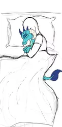 Size: 714x1467 | Tagged: artist:frikdikulous, bed, cuddling, derpibooru import, human, human on dragon snuggling, oc, oc:anon, princess ember, safe, simple background, sleeping, spooning