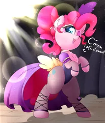 Size: 2400x2800 | Tagged: safe, artist:madacon, derpibooru import, pinkie pie, earth pony, pony, adorasexy, bipedal, chest fluff, clothes, cute, feather in hair, female, high res, leotard, mare, one eye closed, saloon dress, saloon pinkie, sexy, solo, stage, wink