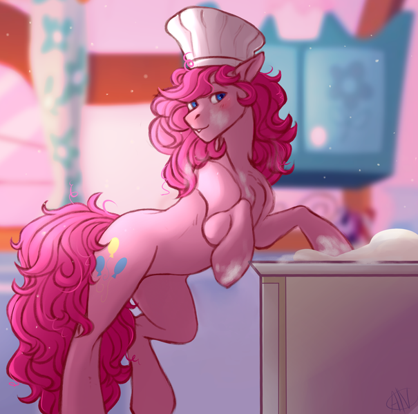Size: 1803x1788 | Tagged: safe, artist:1an1, derpibooru import, edit, pinkie pie, earth pony, pony, adoraberry, baking, baking powder, blushing, bubble berry, chef's hat, cute, dough, explicit source, hat, image, male, png, rule 63, rule63betes, stallion
