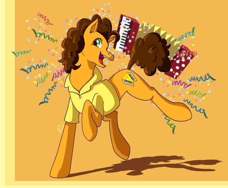 Size: 1700x1400 | Tagged: safe, artist:taledemon, derpibooru import, cheese sandwich, earth pony, pony, accordion, clothes, confetti, male, musical instrument, orange background, prehensile tail, shirt, simple background, solo, stallion, streamers