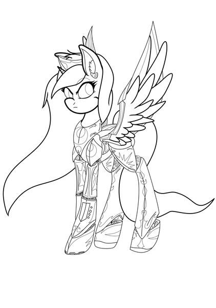 Size: 2079x2953 | Tagged: alicorn, alicorn oc, armor, artist:acespade777, cyborg, derpibooru import, fallout, fallout equestria, fallout equestria: project horizons, fanfic art, lineart, monochrome, oc, oc:blackjack, safe, solo, unofficial characters only