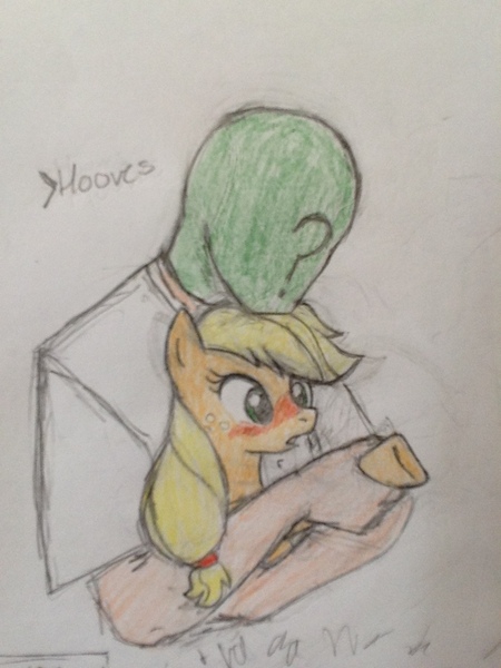 Size: 960x1280 | Tagged: safe, artist:kabayo, derpibooru import, applejack, oc, oc:anon, human, pony, blushing, colored, holding a pony, holding hooves, hooves, human on pony hoof holding, pencil drawing, traditional art