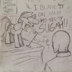 Size: 896x896 | Tagged: safe, artist:kabayo, derpibooru import, applejack, oc, oc:anon, earth pony, human, pony, awolnation, female, karaoke, lineart, mare, microphone, pencil drawing, pun, sail, screaming, singing, song reference, stage, traditional art