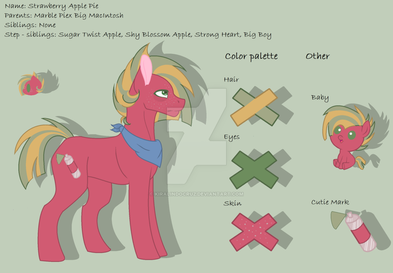 Size: 1024x711 | Tagged: safe, artist:kiralindocruz, derpibooru import, oc, oc:strawberry apple pie, unofficial characters only, earth pony, pony, baby, baby pony, base used, freckles, green background, male, neckerchief, offspring, parent:big macintosh, parent:marble pie, parents:marblemac, reference sheet, simple background, solo, stallion, story included, watermark