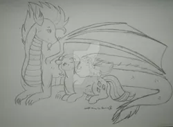 Size: 1024x751 | Tagged: safe, artist:kiralindocruz, derpibooru import, rarity, spike, oc, oc:freedom wings, dracony, dragon, hybrid, family, female, interspecies offspring, male, offspring, older, older spike, parent:rarity, parent:spike, parents:sparity, pencil drawing, pregnant, shipping, sparity, straight, traditional art, watermark, wing shelter, winged spike