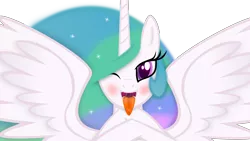 Size: 8320x4680 | Tagged: suggestive, artist:emu34b, derpibooru import, princess celestia, absurd resolution, blushing, drool, mawshot, missing accessory, one eye closed, open mouth, solo, tongue out, vector, wink