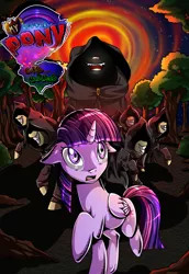 Size: 1800x2622 | Tagged: alicorn, artist:candyclumsy, cloak, clothes, comic, comic:curse and madness, cover, cultist, dark, derpibooru import, fanfic, fangs, female, forest, glowing mouth, logo parody, mare, mlpcam, night, ominous, portal, raised hoof, safe, scared, terrified, twilight sparkle, twilight sparkle (alicorn)