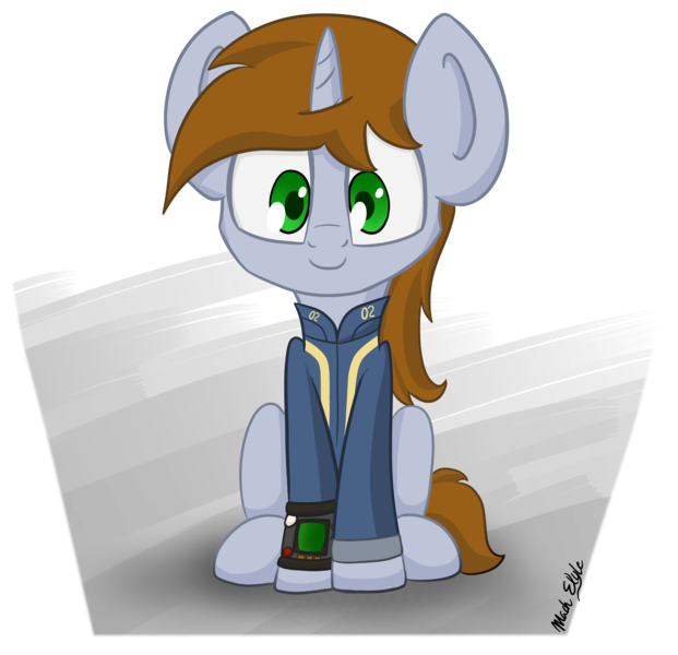 Size: 4137x4000 | Tagged: safe, artist:machstyle, derpibooru import, oc, oc:littlepip, unofficial characters only, pony, unicorn, fallout equestria, fanfic, absurd resolution, clothes, fanfic art, female, hooves, horn, looking at you, mare, pipbuck, simple background, sitting, smiling, solo, transparent background, vault suit