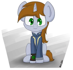 Size: 4137x4000 | Tagged: safe, artist:machstyle, derpibooru import, oc, oc:littlepip, unofficial characters only, pony, unicorn, fallout equestria, fanfic, absurd resolution, clothes, fanfic art, female, hooves, horn, looking at you, mare, pipbuck, simple background, sitting, smiling, solo, transparent background, vault suit