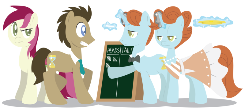 Size: 3300x1502 | Tagged: safe, artist:inspectornills, derpibooru import, doctor whooves, robert lutece, rosalind lutece, roseluck, time turner, ponified, earth pony, pony, unicorn, bioshock, bioshock infinite, bowtie, chalk, clothes, coin, crossover, dress, female, heads or tails, levitation, lidded eyes, looking at each other, lutece twins, magic, male, mare, raised hoof, raised leg, simple background, stallion, telekinesis, transparent background