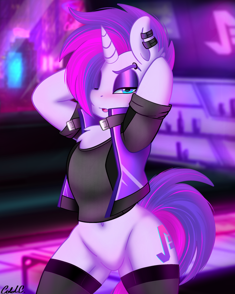 Size: 2000x2500 | Tagged: arm behind head, artist:ciderpunk, clothes, cyberpunk, derpibooru import, ear piercing, earring, featureless crotch, female, fluffy, jewelry, lidded eyes, looking at you, new retro wave, oc, oc:synthwave, piercing, retrofuturism, semi-anthro, sexy, smiling, socks, solo, solo female, stockings, suggestive, thigh highs, unofficial characters only, vest