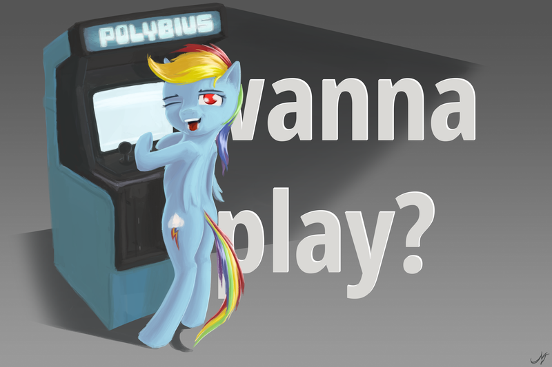 Size: 6000x4000 | Tagged: safe, alternate version, artist:madgehog, derpibooru import, rainbow dash, original species, pegasus, pony, arcade, arcade game, female, happy, looking at you, mare, open mouth, playing, polybius