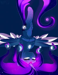 Size: 2975x3850 | Tagged: safe, artist:a8f12, derpibooru import, princess luna, alicorn, pony, cheek fluff, chest fluff, constellation, cute, ethereal mane, female, i can't believe it's not magnaluna, leg fluff, lunabetes, lunar phases, mare, solo, starry mane, two toned wings, upside down, wings