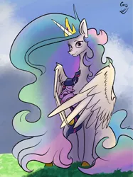Size: 2983x3990 | Tagged: safe, artist:greyscaleart, derpibooru import, princess celestia, twilight sparkle, alicorn, pony, unicorn, the tiny apprentice, chest fluff, colored hooves, cradling, cute, cutelestia, eyes closed, female, filly, filly twilight sparkle, greyscaleart is trying to murder us, high res, hug, looking at you, mare, momlestia, sleeping, smol, twiabetes, unicorn twilight, winghug, younger