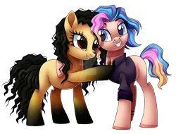 Size: 1600x1217 | Tagged: safe, artist:centchi, derpibooru import, oc, oc:mystery, oc:terra, unofficial characters only, earth pony, pony, clothes, female, hug, mare, shirt, siblings, simple background, sisters, transparent background, watermark