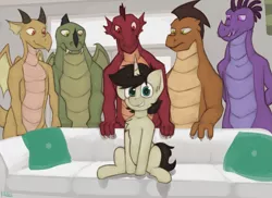 Size: 2335x1704 | Tagged: safe, artist:marsminer, derpibooru import, oc, oc:keith, unofficial characters only, dragon, pony, unicorn, couch, imminent gangbang, imminent sex, male, pillow, piper perri surrounded, sitting, smiling, stallion