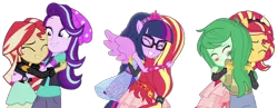 Size: 2048x797 | Tagged: safe, artist:superbobiann, derpibooru import, editor:superbobiann, sci-twi, starlight glimmer, sunset shimmer, twilight sparkle, wallflower blush, equestria girls, equestria girls series, forgotten friendship, mirror magic, spoiler:eqg specials, hug, ponied up, simple background, transparent background