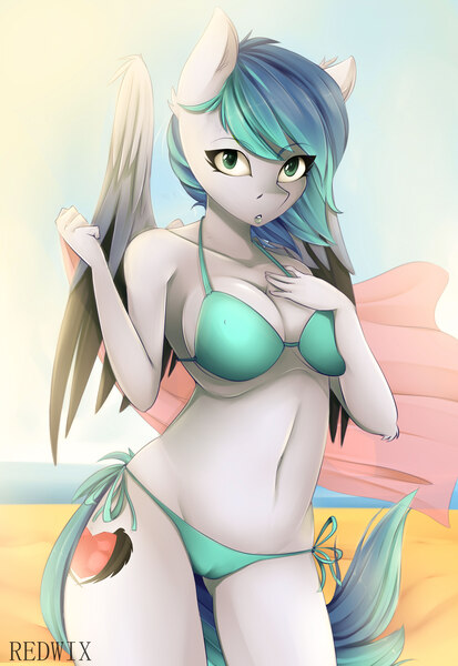 Size: 5500x8000 | Tagged: absurd resolution, anthro, anthro oc, artist:redwix, beach, beach babe, bikini, bikini top, breasts, cameltoe, clothes, curious, cute, cutie mark, derpibooru import, female, fluffy, green eyes, looking at you, nudity, oc, oc:jewel blue, parent:oc:looic, parent:oc:shadow blue, parents:shadooic, partial nudity, pegasus, questionable, seductive, sexy, shadooic, slim, solo, spread wings, sun, sunny, surprised, swimsuit, teasing, towel, unofficial characters only, wings