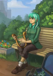 Size: 800x1140 | Tagged: artist:asimos, artist:lexx2dot0, artist:maytee, bench, city, cloud, derpibooru import, fanfic, fanfic:anthropology, fanfic art, female, flower, human, humanized, looking up, lyra heartstrings, lyre, money, musical instrument, park, safe, sitting, smiling, solo