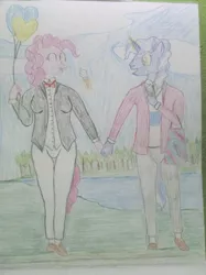 Size: 1280x1707 | Tagged: anthro, artist:mildgyth, bag, balloon, bowtie, clothes, derpibooru import, food, holding hands, ice cream, ice cream cone, lake, magic, male, necktie, pants, pinkie pie, plantigrade anthro, pokeypie, pokey pierce, safe, shipping, shirt, shoes, straight, suit, sweater vest, traditional art, tree, walking, ziragshabdarverse