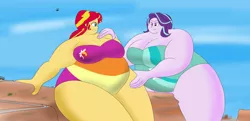 Size: 7000x3400 | Tagged: suggestive, artist:feyzer, derpibooru import, starlight glimmer, sunset shimmer, equestria girls, equestria girls series, spoiler:eqg series (season 2), bbw, big breasts, breasts, busty starlight glimmer, busty sunset shimmer, clothes, cutie mark on clothes, fat, giantess, helicopter, huge, huge breasts, macro, obese, one-piece swimsuit, people, slobset shimmer, ssbbw, starlard glimmer, swimsuit, tiny head, wide hips