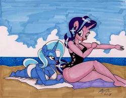 Size: 2130x1658 | Tagged: safe, artist:newyorkx3, derpibooru import, starlight glimmer, trixie, anthro, plantigrade anthro, unicorn, adorasexy, barefoot, beach, bikini, black swimsuit, breasts, cleavage, clothes, curvy, cute, duo, eye contact, eyelashes, eyeshadow, feet, female, horn, lidded eyes, looking at each other, looking back, makeup, mare, ocean, one-piece swimsuit, open mouth, prone, rubbing, sexy, signature, sitting, sky, smiling, swimsuit, towel, traditional art, white swimsuit