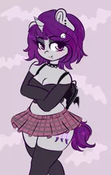 Size: 3104x4894 | Tagged: suggestive, artist:wickedsilly, derpibooru import, oc, oc:wicked silly, unofficial characters only, anthro, unicorn, anthro oc, breasts, choker, cleavage, clothes, cute, female, mare, miniskirt, moe, plaid skirt, pleated skirt, ponysona, short hair, skirt, smiling, solo, solo female, spiked choker, stockings, thigh highs, thighs, zettai ryouiki