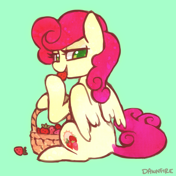 Size: 1800x1800 | Tagged: safe, artist:dawnfire, derpibooru import, strawberry sunrise, pegasus, pony, basket, eating, female, food, fruit, green background, herbivore, looking at you, looking back, looking back at you, mare, simple background, solo, strawberry