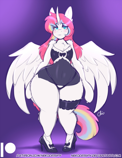 Size: 892x1155 | Tagged: alicorn, alicorn oc, anthro, anthro oc, arm hooves, artist:nekocrispy, blushing, bottom heavy, chest fluff, clothes, crossdressing, curved horn, derpibooru import, disproportional anatomy, ear fluff, eyeshadow, femboy, fluffy, garter, high heels, looking at you, makeup, male, nightgown, oc, oc:nekonin, panties, patreon, patreon logo, questionable, see-through, shoes, signature, solo, solo male, spread wings, stallion, thick, thong, trap, underwear, unofficial characters only, wide hips, wings