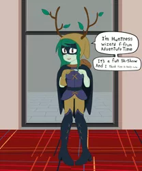 Size: 1500x1800 | Tagged: safe, artist:scraggleman, derpibooru import, wallflower blush, equestria girls, equestria girls series, forgotten friendship, adventure time, boots, clothes, cosplay, costume, cute, dialogue, fangirl, female, huntress wizard, leaf, mask, nervous, pigeon toed, shoes, shy, solo, speech bubble, text, thigh boots, twig, wallflower and plants