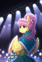 Size: 706x1042 | Tagged: safe, artist:ladychimaera, derpibooru import, fluttershy, anthro, pegasus, alternate hairstyle, camera flashes, clothes, dress, female, headdress, head turn, mare, modelshy, ponytail, smiling, solo, spotlight, spread wings, wings
