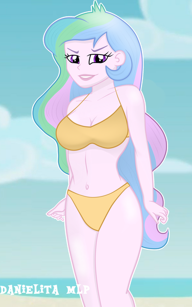 Size: 1024x1633 | Tagged: suggestive, artist:danielitamlp, derpibooru import, princess celestia, equestria girls, beach, beach babe, bikini, bikini babe, breasts, busty princess celestia, clothes, female, praise the sun, principal celestia, smiling, solo, solo female, swimsuit