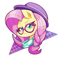 Size: 659x600 | Tagged: safe, artist:pegasisters82, derpibooru import, fluttershy, pony, alternate hairstyle, braid, bust, female, glasses, hat, hipstershy, lidded eyes, looking at you, mare, portrait, simple background, solo, transparent background