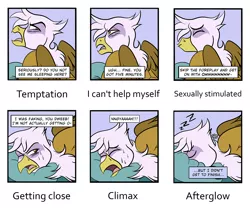 Size: 1024x862 | Tagged: suggestive, artist:sketchybug, derpibooru import, gilda, anthro, gryphon, bdsm, bed, eyes closed, female, funny porn, gildere, implied sex, lewd emotions, looking back, moaning, moaning in pleasure, orgasm, orgasm denial, sleeping, solo, solo female, sweat, tsundere