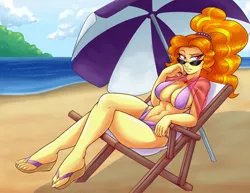 Size: 2200x1700 | Tagged: suggestive, artist:ambris, derpibooru import, adagio dazzle, human, equestria girls, alternate hairstyle, beach, beach chair, big breasts, bikini, bikini babe, breasts, busty adagio dazzle, clothes, feet, female, flip-flops, gem, ponytail, purple swimsuit, sandals, see-through, shawl, solo, solo female, stupid sexy adagio dazzle, sunglasses, swimsuit, toes, tree, umbrella, water