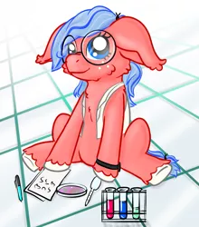 Size: 787x893 | Tagged: artist:flickswitch, cheek fluff, clothes, derpibooru import, digital art, female, floor, floppy ears, fluffy, freckles, glasses, lab coat, laboratory, mare, medical pony, nerd, nerd pony, oc, oc:flickswitch, petri dish, ponysona, safe, science, scientist, simple background, sitting, solo, test tube, tile, unofficial characters only