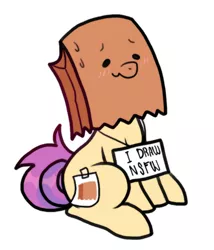 Size: 600x700 | Tagged: safe, artist:paperbagpony, derpibooru import, oc, oc:paper bag, unofficial characters only, earth pony, pony, blushing, fake cutie mark, nervous, paper bag, pony shaming, ponysona, scrunchy face, sign, simple background, sitting, smiling, solo, sweat, sweatdrop, wavy mouth, white background