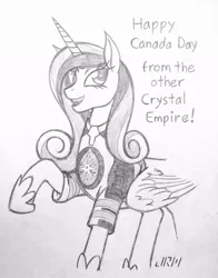 Size: 720x919 | Tagged: safe, artist:texasuberalles, derpibooru import, princess cadance, alicorn, pony, canada, canada day, female, grayscale, hockey jersey, hoof shoes, looking at you, mare, monochrome, pencil drawing, raised hoof, simple background, solo, traditional art, white background, winnipeg jets