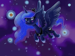 Size: 2224x1668 | Tagged: safe, artist:catscratchpaper, derpibooru import, big macintosh, derpy hooves, princess luna, starlight glimmer, alicorn, pony, alicornified, dream realm, dream walker luna, ethereal mane, female, flying, food, i mean i see, mare, muffin, princess big mac, race swap, smiling, solo, starry mane