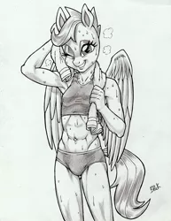 Size: 612x792 | Tagged: abs, anthro, arm behind head, armpits, artist:bhawk, belly button, clothes, derpibooru import, female, looking at you, midriff, monochrome, muscles, nsfworkout, one eye closed, partially clothed, pegasus, scootaloo, simple background, sketch, solo, solo female, sports bra, suggestive, sweat, towel, traditional art, white background, wink, workout outfit