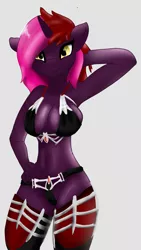 Size: 1423x2530 | Tagged: suggestive, artist:christmassartstuff, derpibooru import, oc, unofficial characters only, anthro, unicorn, anthro oc, armpits, breasts, clothes, female, gray background, leggings, simple background, solo, solo female