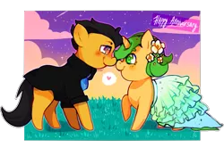 Size: 847x562 | Tagged: safe, artist:gingerale, derpibooru import, oc, oc:darren cuffs, oc:olive drab, unofficial characters only, earth pony, pony, unicorn, boop, clothes, crossdressing, dress, flower, flower in hair, gay, heart, looking into each others eyes, male, noseboop, oc x oc, pictogram, shipping, simple background, suit, transparent background
