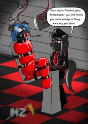 Size: 1713x2421 | Tagged: suggestive, artist:metalzaki, derpibooru import, oc, oc:rubbergrip, oc:saddlesore, anthro, earth pony, ballgag, bondage, brainwashed, brainwashing, dominatrix, drool, earbuds, female, femdom, gag, hypnosis, hypnotized, inflatable, latex, living latex, male, mare, muffled moaning, salivating, screen, sleepsack, stallion, straps, swirly eyes