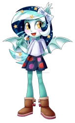 Size: 1024x1678 | Tagged: safe, artist:centchi, derpibooru import, oc, oc:wistful galaxy, human, pony, equestria girls, blushing, boots, bow, clothes, cute, ethereal mane, fangs, female, moe, ocbetes, pleated skirt, shirt, shoes, simple background, skirt, solo, starry mane, transparent background, watermark, winged humanization