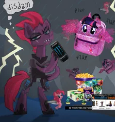 Size: 675x711 | Tagged: alicorn, artist:cate wurtz, artist:lamezone, backpack, cup, derpibooru import, disdain, fandango, food, merchandise, monster energy, my little pony: the movie, pinkie pie, popcorn, safe, tempest shadow, thought bubble, twilight sparkle, twilight sparkle (alicorn)