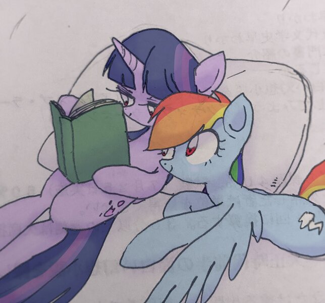 Size: 899x838 | Tagged: safe, artist:xp_r6, derpibooru import, rainbow dash, twilight sparkle, pegasus, pony, book, female, lesbian, mare, pillow, reading, shipping, simple background, smiling, traditional art, twidash